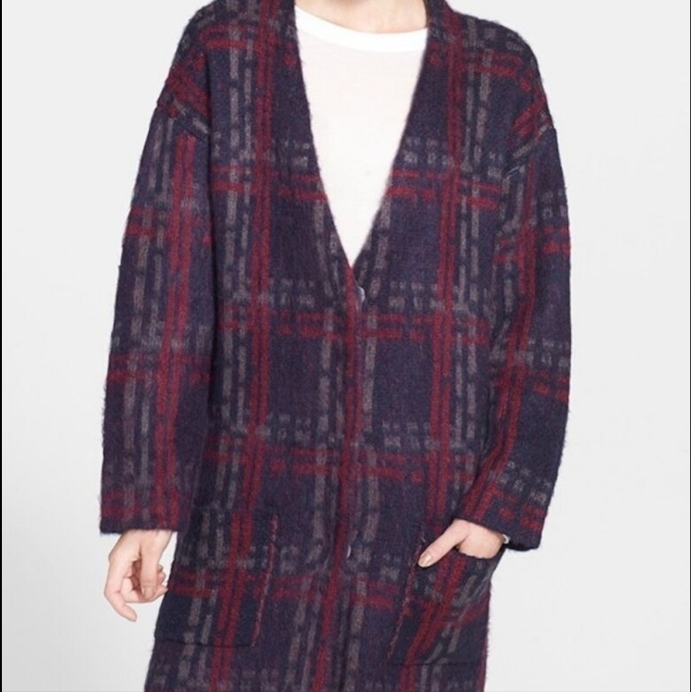 J.O.A. Plaid Sweater Cardigan Oversized Cozy Plum Fall Colors Academia Sz M